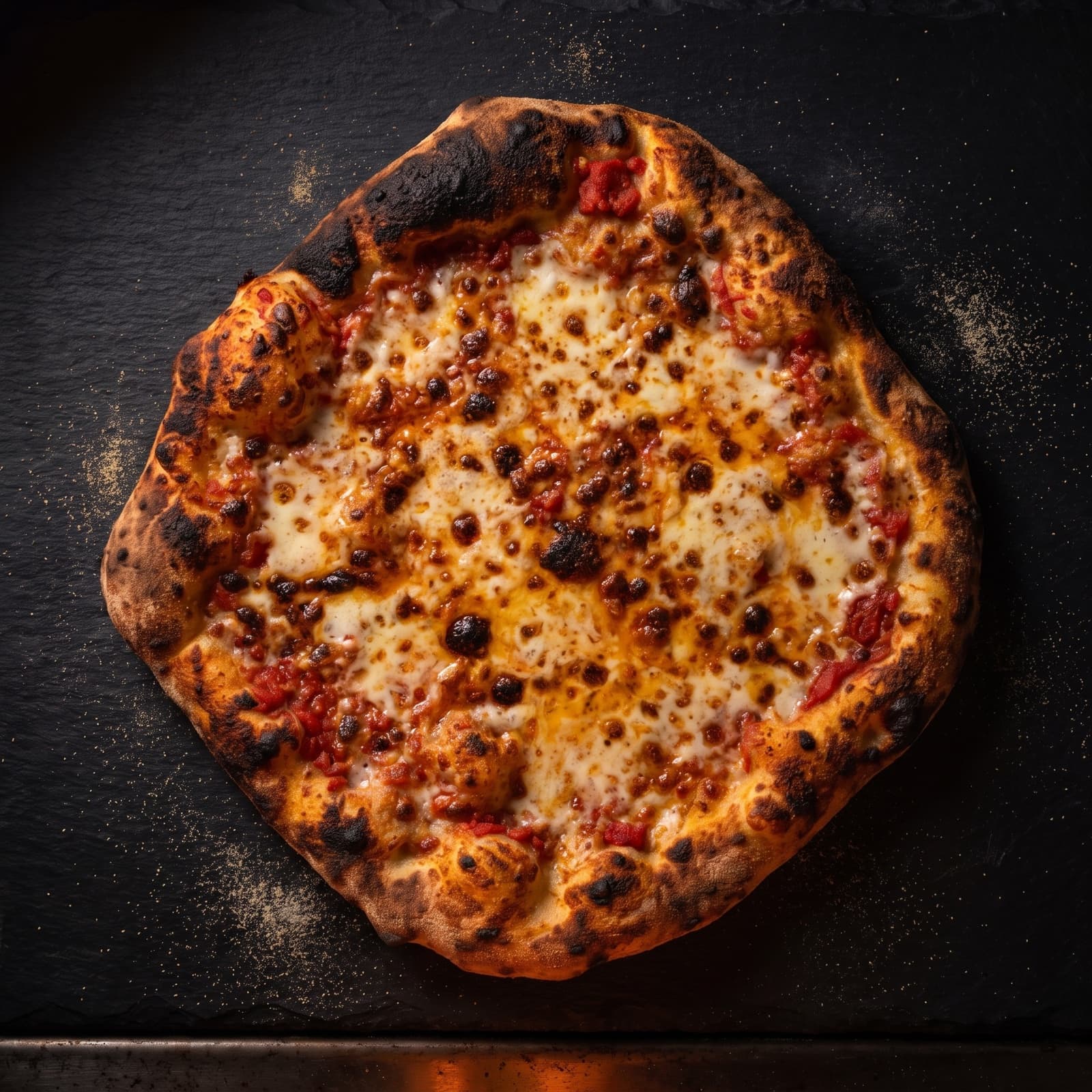 Wood-fired cheese pizza with blistered mozzarella on dark slate