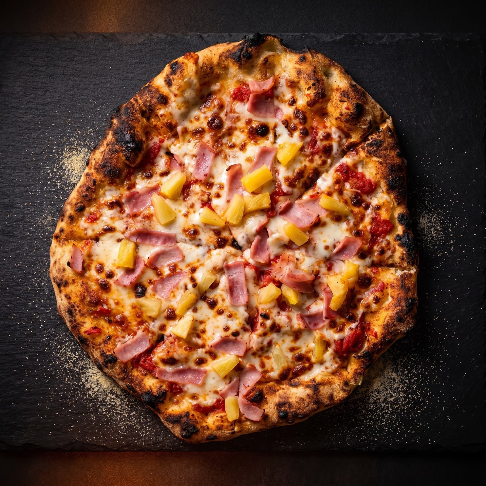 Wood-fired Hawaiian pizza with ham and pineapple