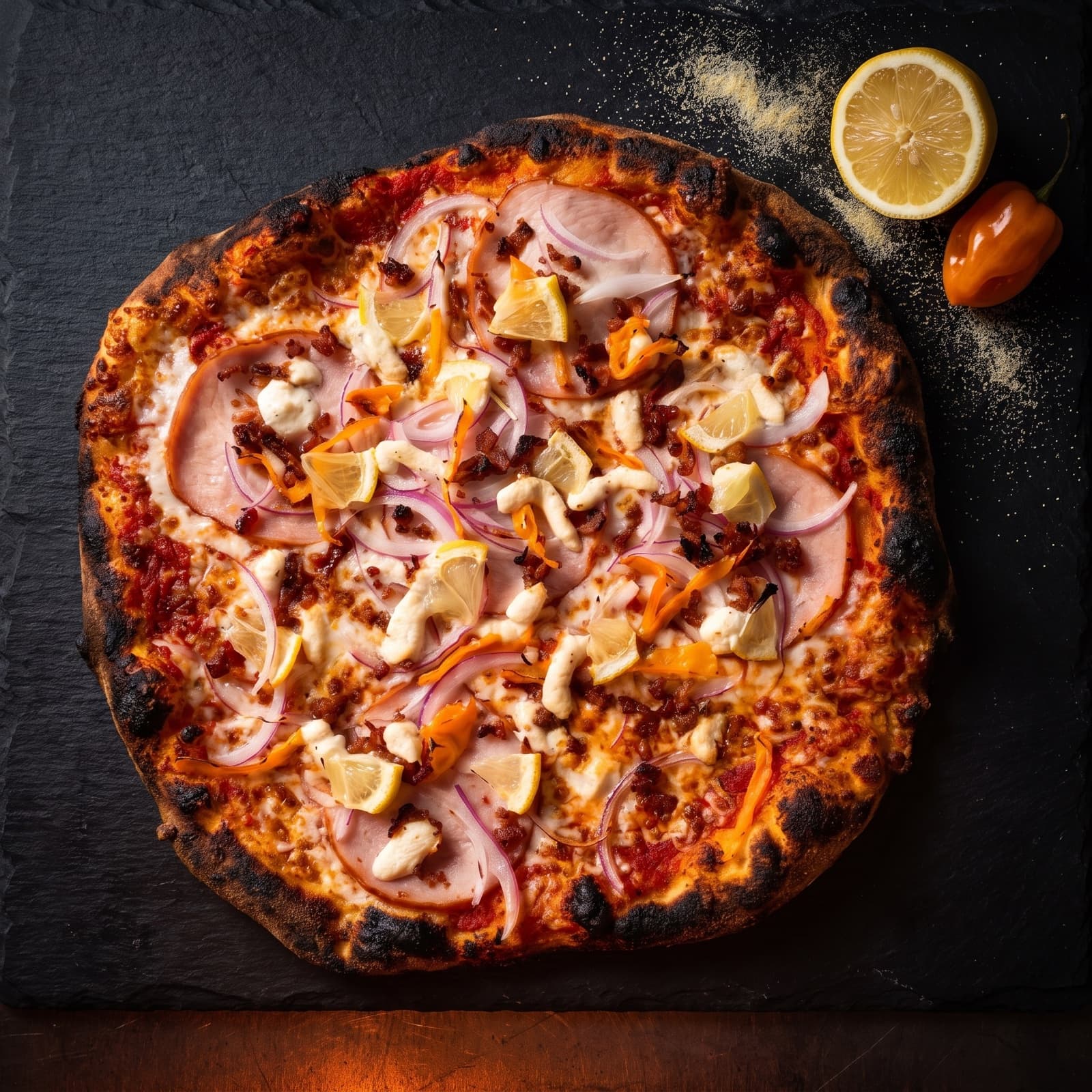 La Doña pizza with lemon and habanero on dark slate