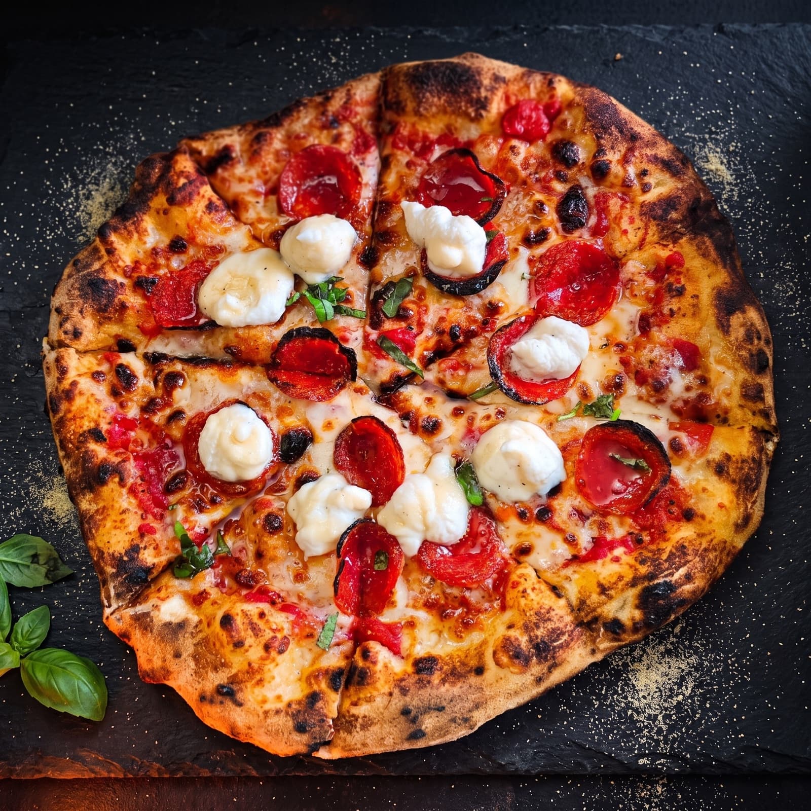 La Flame pizza on dark slate