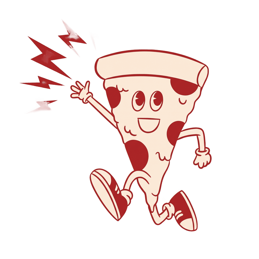 Flame Throwers mascot: a running pizza slice waving hello