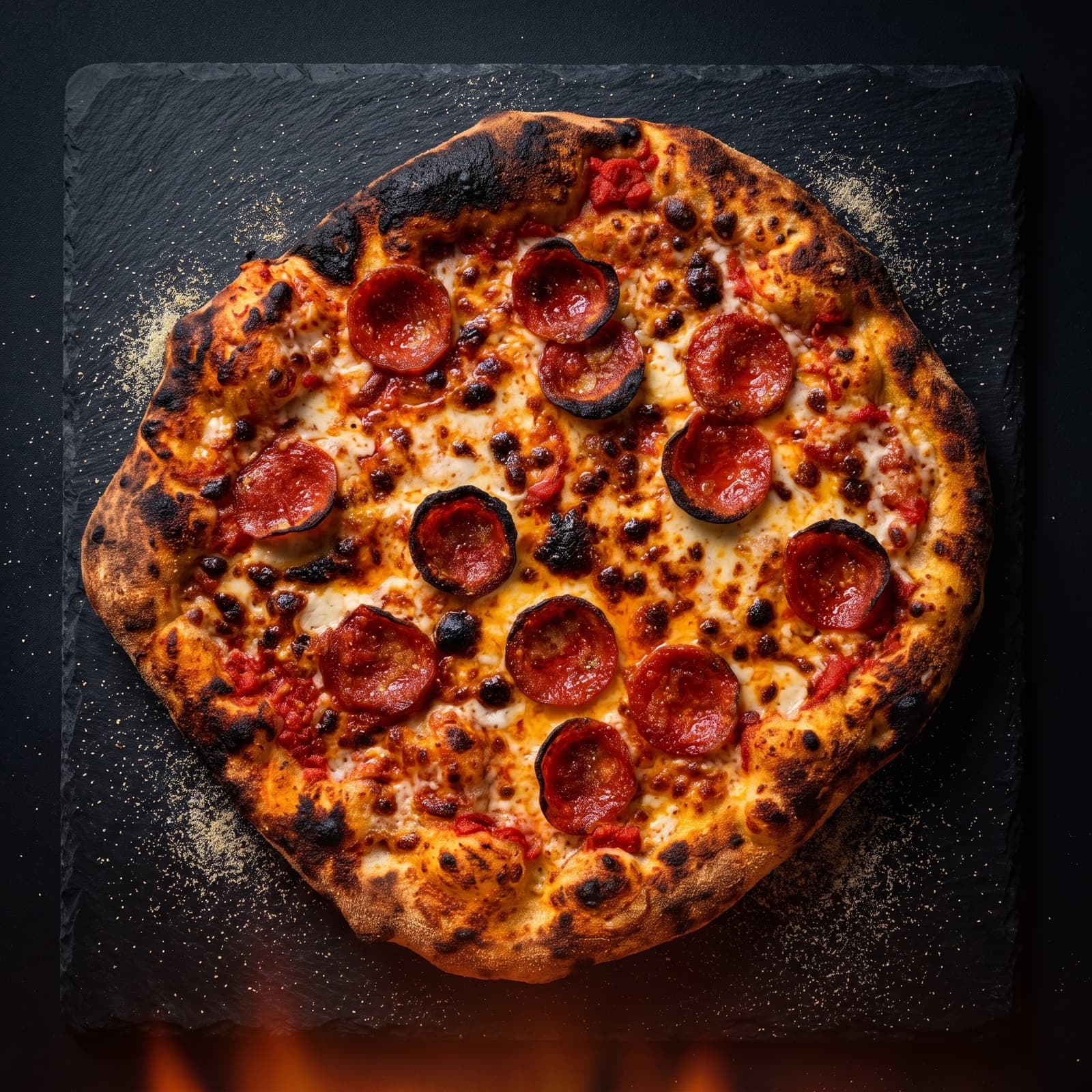 Wood-fired pepperoni pizza with cupped, crispy pepperoni